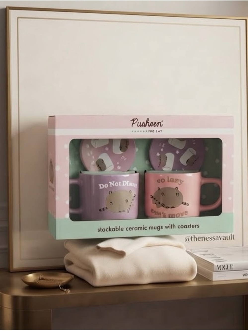 Pusheen Pink and Lavender Stackable Ceramic Mug Set with Coasters
